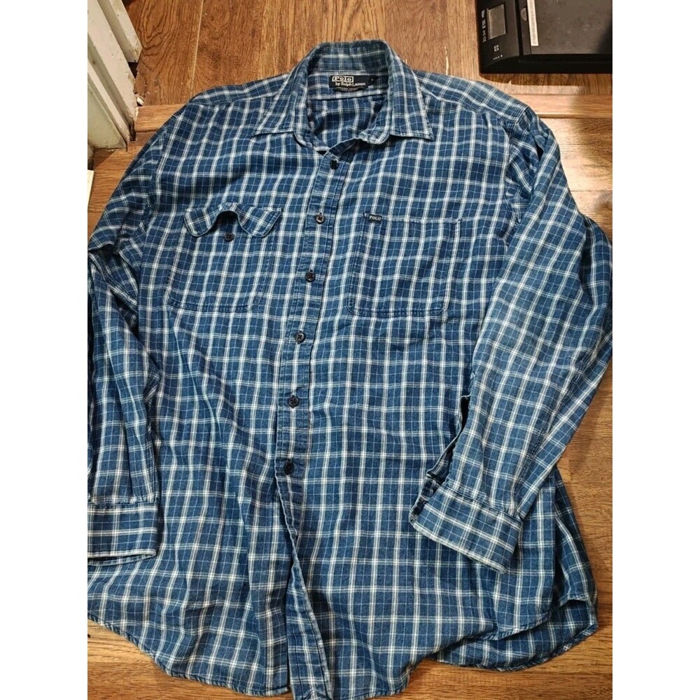 VTG Polo Ralph Lauren Dungaree Style Work Shirt Mens XL Plaid Blue Long Sleeve